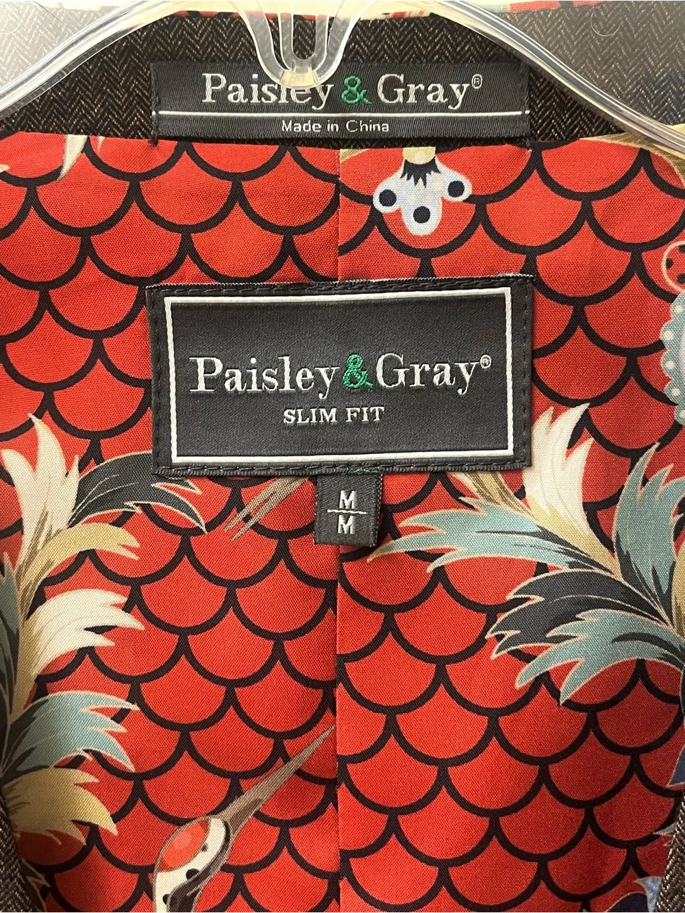 Paisley & Gray Slim Fit Vest, Brown Herringbone Red Crane Floral Print Lining, M